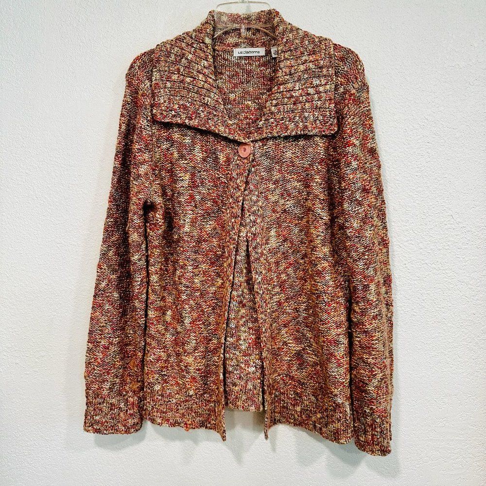 Liz Claiborne Cardigan Sweater Single Button MultiColor Foldover Collar Sz Large